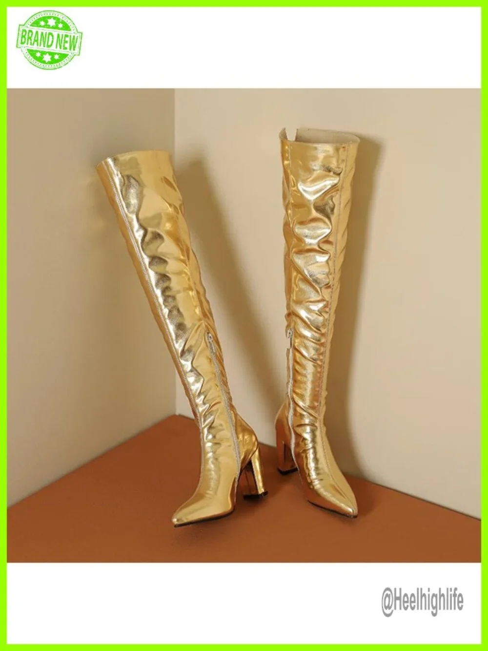 Women's Metallic Over the Knee High Boots Pointed Toe Chunky Mid Heel Thigh